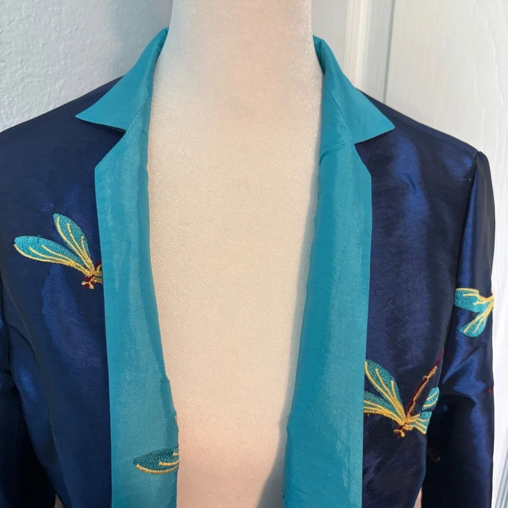Gump's Y2K Women's Chic Artisan Embroidered Dragonfly Navy Turquoise Jacket 6